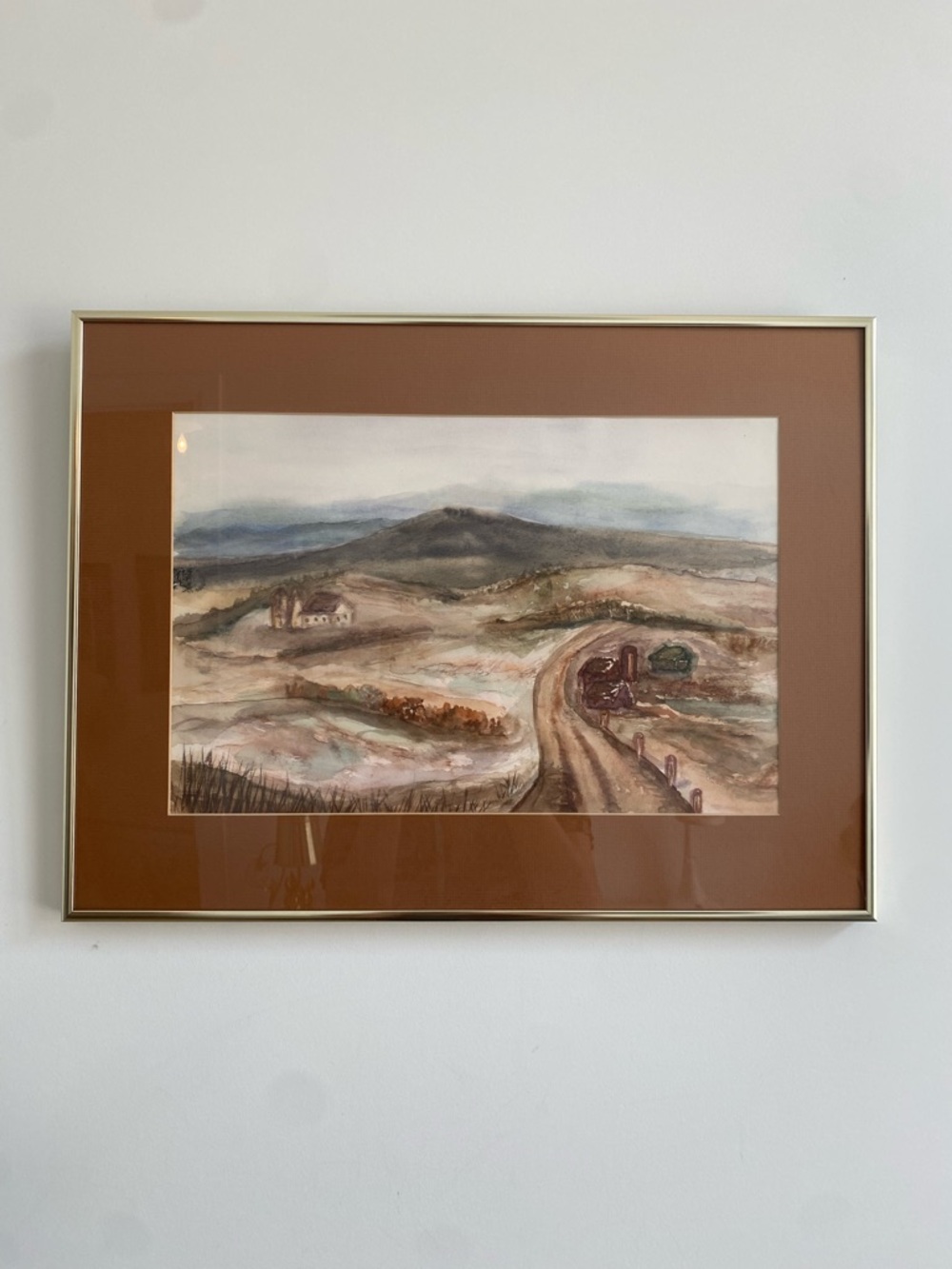 Framed VINTAGE Watercolor Quebec Landscape with Brown Mat and Silver Frame